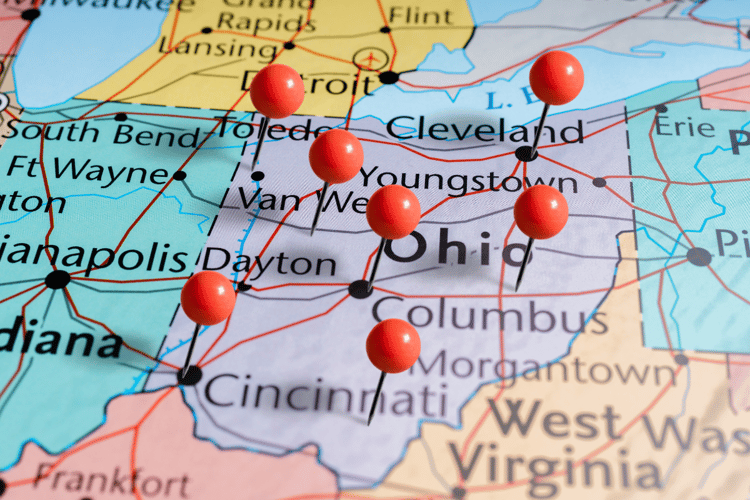 Map of Ohio with locations for economic growth pinned