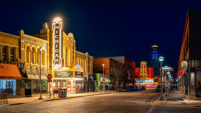 Downtown Ann Arbor, Michigan. Liberty and State Street.